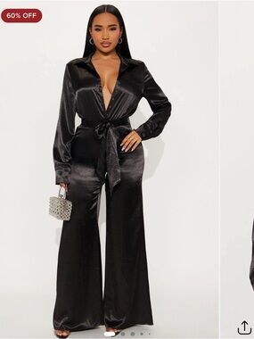 Fashion Nova Black Satin Wide-Leg Jumpsuit with Tie Waist Worn only 1 time!!